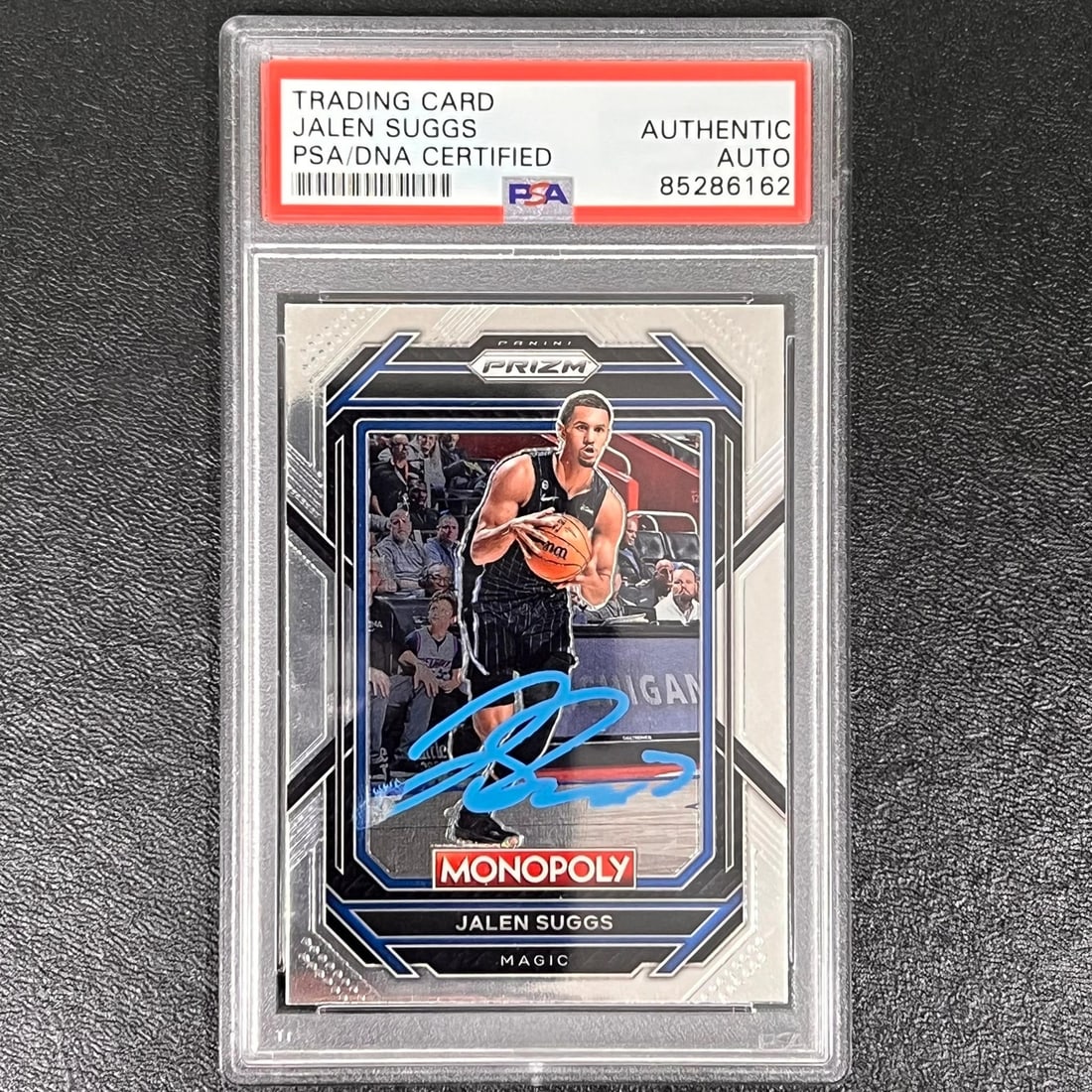 2022-23 Panini Prizm Monopoly Jalen Suggs Signed Card PSA Authenticated: 2022-23 Panini Prizm Monopoly Jalen Suggs Signed Card PSA Authenticated This is a 2022-23 Panini Prizm Monopoly #65 card featuring the autograph of Jalen Suggs, a player from the Orlando Magic. The si