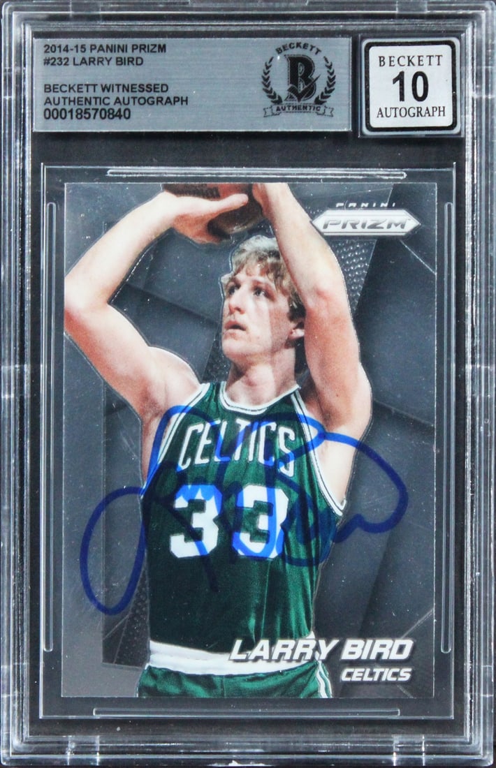 Larry Bird Auto 2014 Prizm 232 Card Beckett Slabbed Gem Mint 10: Larry Bird Auto 2014 Prizm 232 Card Beckett Slabbed Gem Mint 10 This 2014 Panini Prizm #232 basketball card features a hand-signed autograph by Larry Bird of the Boston Celtics. The card has been prof