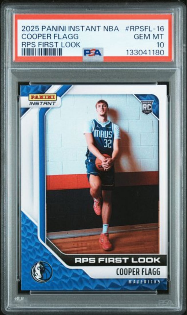 PSA 10 Cooper Flagg 2025 Panini Instant Rookie Card Dallas Mavericks: PSA 10 Cooper Flagg 2025 Panini Instant Rookie Card Dallas Mavericks This is an original 2025 Panini Instant Cooper Flagg #RPSFL16 rookie basketball card, graded PSA 10 by Professional Sports Authenti