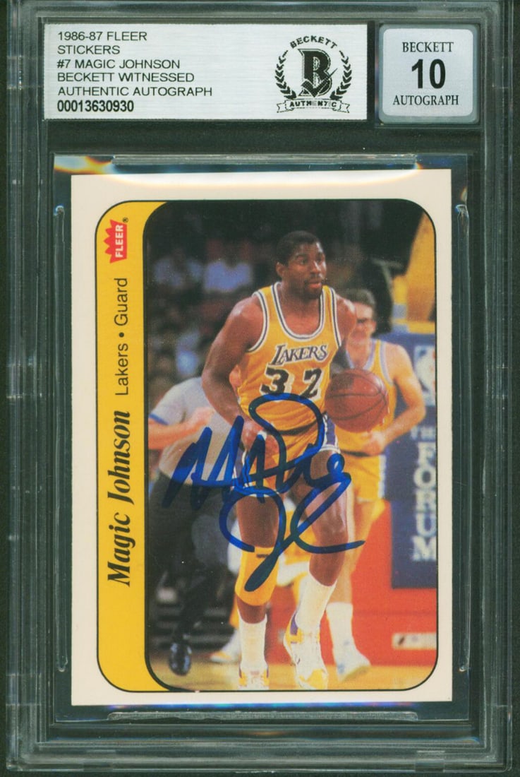 Magic Johnson Autographed 1986 Fleer Sticker #7 Card BAS Gem Mint 10 Slab: Magic Johnson Autographed 1986 Fleer Sticker #7 Card BAS Gem Mint 10 Slab This 1986 Fleer Stickers #7 trading card features Magic Johnson of the Los Angeles Lakers and has been personally signed by hi