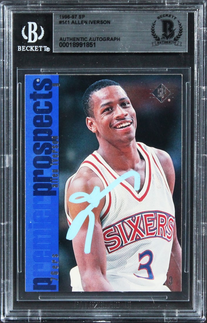 Allen Iverson 1996 SP Rookie Card Signed Philadelphia 76ers Beckett Authenticated: Allen Iverson 1996 SP Rookie Card Signed Philadelphia 76ers Beckett Authenticated This authentic 1996 SP #141 Rookie Card has been personally signed by Allen Iverson of the Philadelphia 76ers. It is s