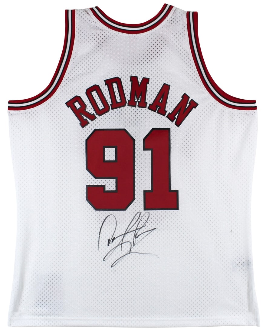 Dennis Rodman Signed Chicago Bulls Mitchell Ness White Swingman Jersey BAS Witnessed: Dennis Rodman Signed Chicago Bulls Mitchell Ness White Swingman Jersey BAS Witnessed This is a pre-owned, white Mitchell & Ness Hardwood Classics Swingman jersey, custom-stitched in size X-Large, pers