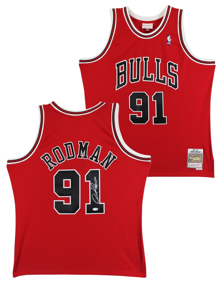 Dennis Rodman Chicago Bulls signed red Swingman jersey JSA witnessed: Dennis Rodman Chicago Bulls signed red Swingman jersey JSA witnessed This red Mitchell & Ness Hardwood Classics Swingman jersey features the authentic hand signature of Dennis Rodman from the Chicago 