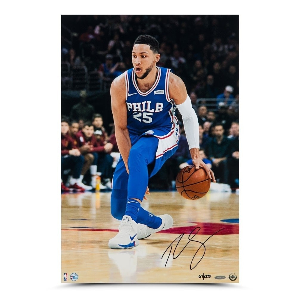 Ben Simmons Autographed 16X24 Photo Limited Edition 76ers #/125: Ben Simmons Autographed 16X24 Photo Limited Edition 76ers #/125 Celebrate Ben Simmons with this stunning autographed 16X24 photo, featuring the iconic "Handle" pose. This original piece is limited to 