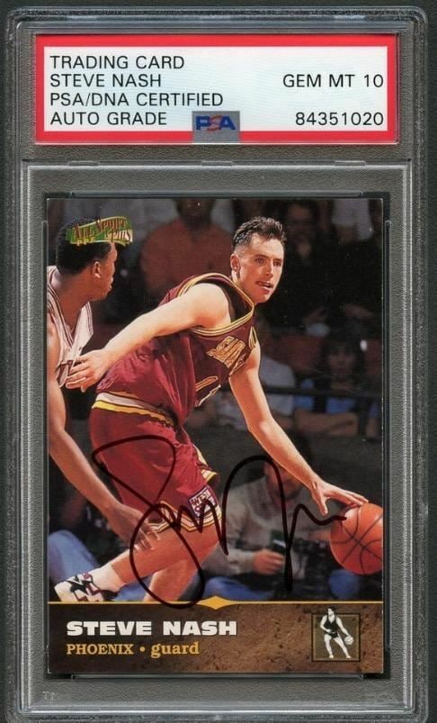 1996 Score Board #113 Steve Nash Autographed Card PSA 10 Suns: 1996 Score Board #113 Steve Nash Autographed Card PSA 10 Suns This is a 1996 Score Board #113 sports trading card featuring a signature from two-time NBA MVP Steve Nash, who is celebrated for his time