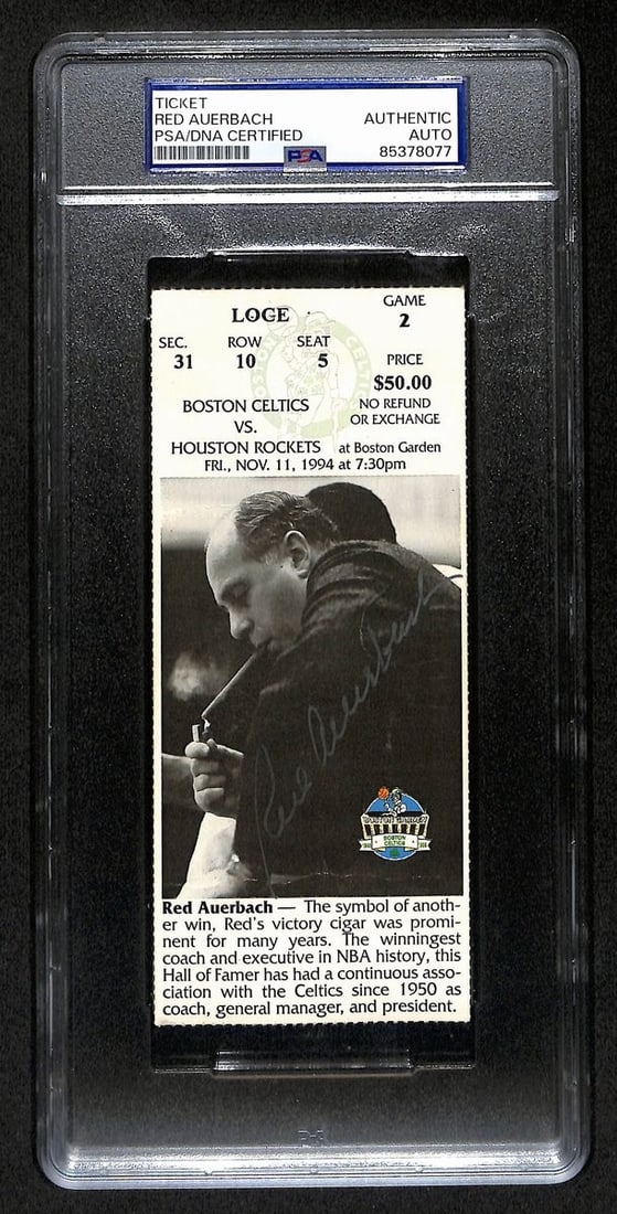 Red Auerbach HOF Signed 1994 Celtics vs Rockets Ticket PSA/DNA: Red Auerbach HOF Signed 1994 Celtics vs Rockets Ticket PSA/DNA Offered is an original, autographed full ticket from the historic basketball game held on November 11, 1994, between the Boston Celtics a