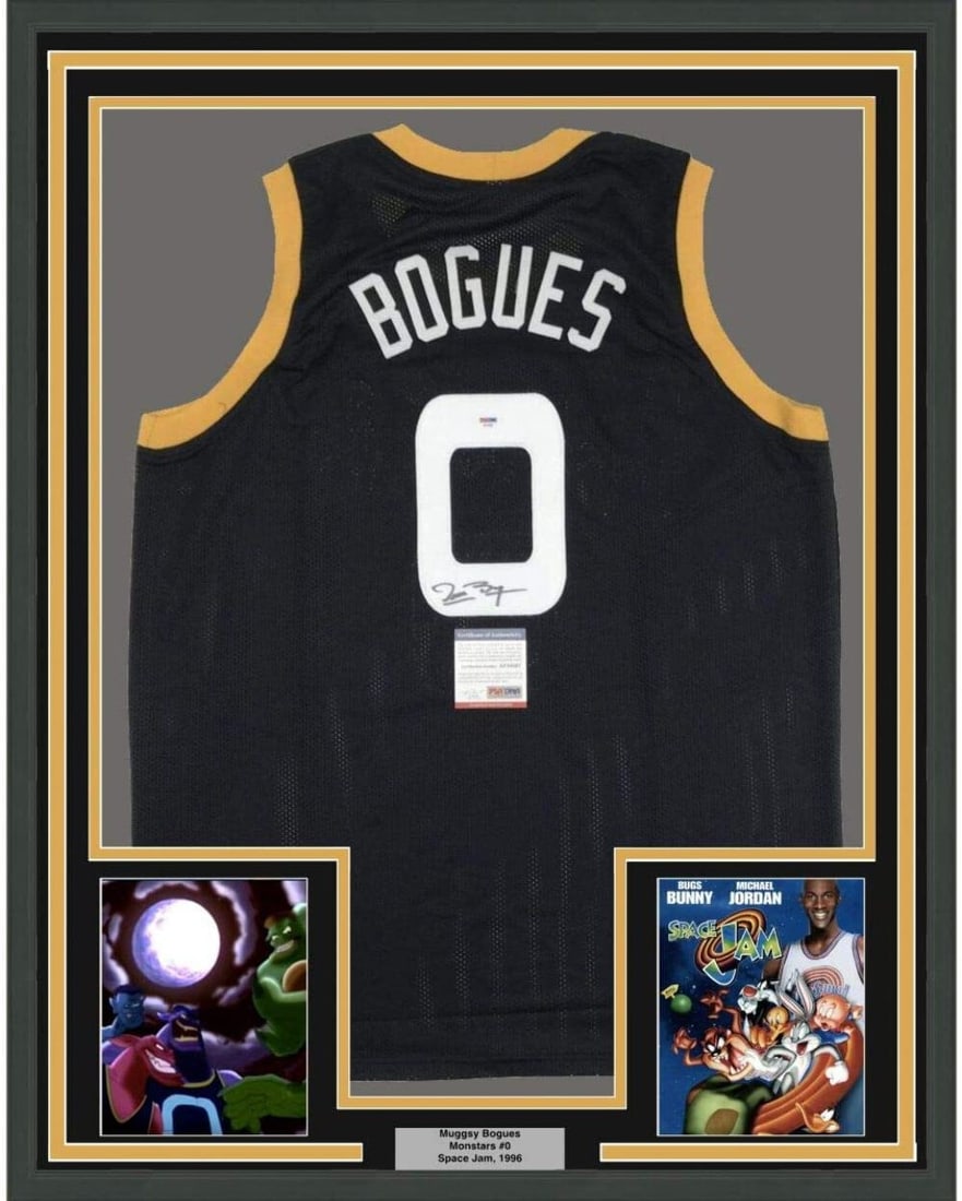 Framed Muggsy Bogues Autographed Space Jam Jersey PSA COA 33x42: Framed Muggsy Bogues Autographed Space Jam Jersey PSA COA 33x42 This professionally framed and matted jersey features an autographed Muggsy Bogues jersey from the iconic Space Jam film, depicting the 