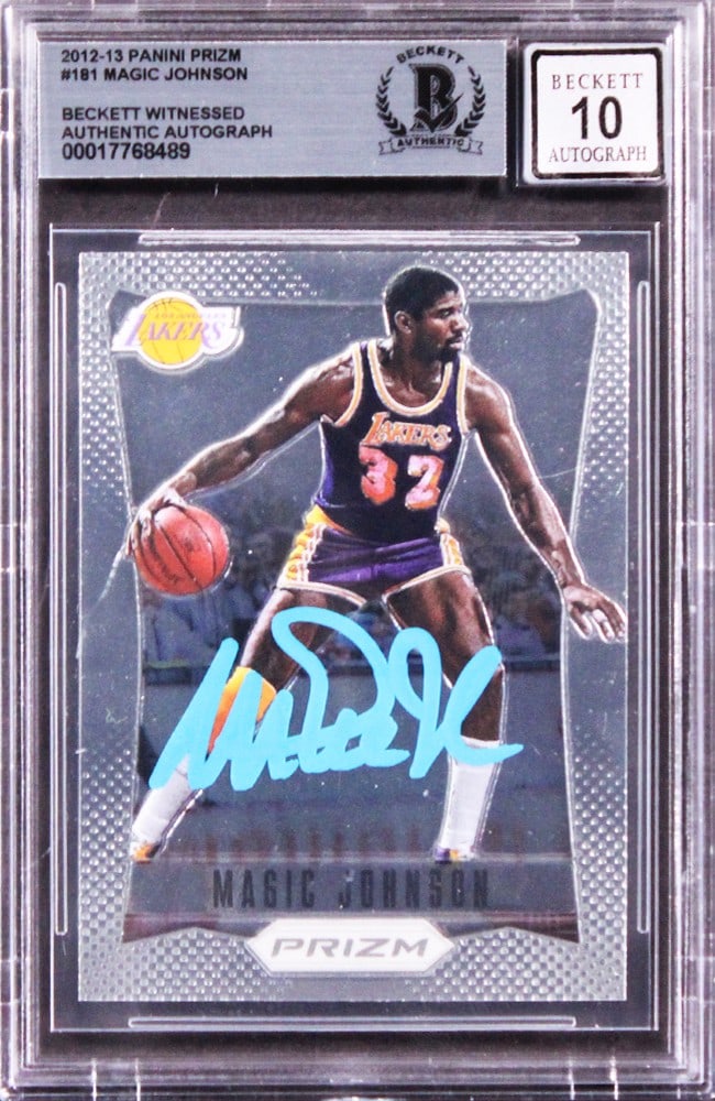 Magic Johnson Signed 2012 Panini Prizm #181 Card Gem Mint 10 Beckett Authenticated: Magic Johnson Signed 2012 Panini Prizm #181 Card Gem Mint 10 Beckett Authenticated This 2012 Panini Prizm #181 card features a stunning autograph from Magic Johnson of the Los Angeles Lakers, graded G