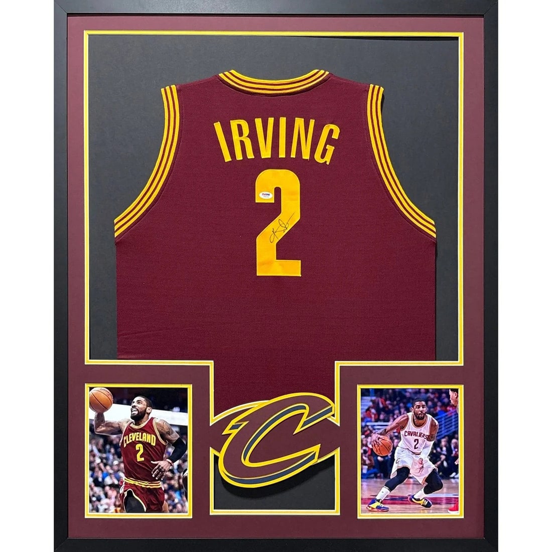 Framed Maroon Kyrie Irving Cavaliers Jersey PSA DNA: Framed Maroon Kyrie Irving Cavaliers Jersey PSA DNA This framed maroon Cavaliers jersey is autographed by Kyrie Irving and is authenticated by PSA/DNA. The display features detailed framing and a prom