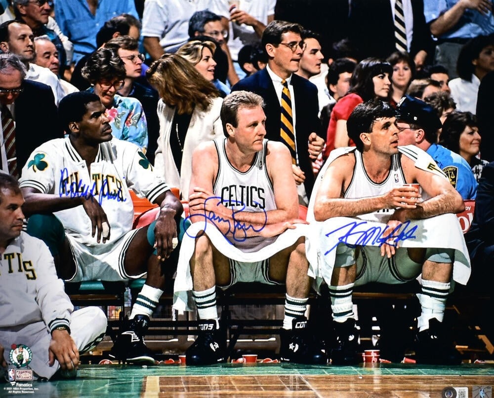 Boston Celtics 16x20 Bench Photo Signed Beckett Authenticated: Boston Celtics 16x20 Bench Photo Signed Beckett Authenticated This original 16x20 photo features Larry Bird, Robert Parish, and Kevin McHale of the Boston Celtics on the bench. The photo is hand-signe