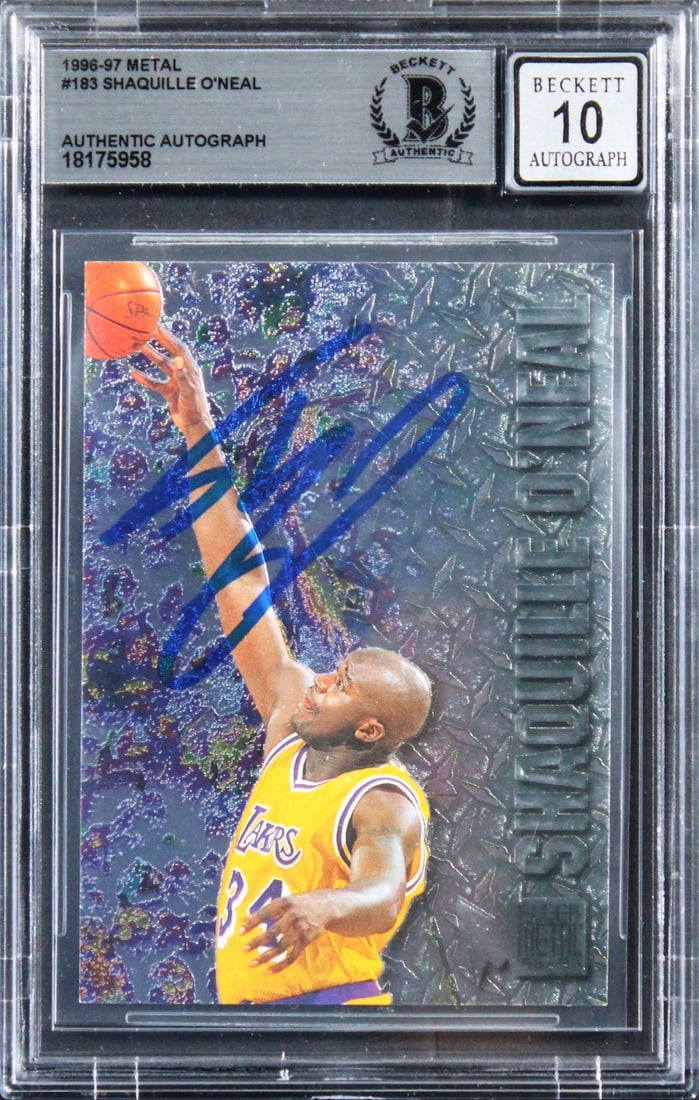 Shaquille O'Neal Signed 1996 Metal #183 Card Graded 10 BAS: Shaquille O'Neal Signed 1996 Metal #183 Card Graded 10 BAS Celebrate the legacy of Shaquille O'Neal with this autographed 1996 Metal #183 card, graded Gem Mint 10 by Beckett Authentication Services. T
