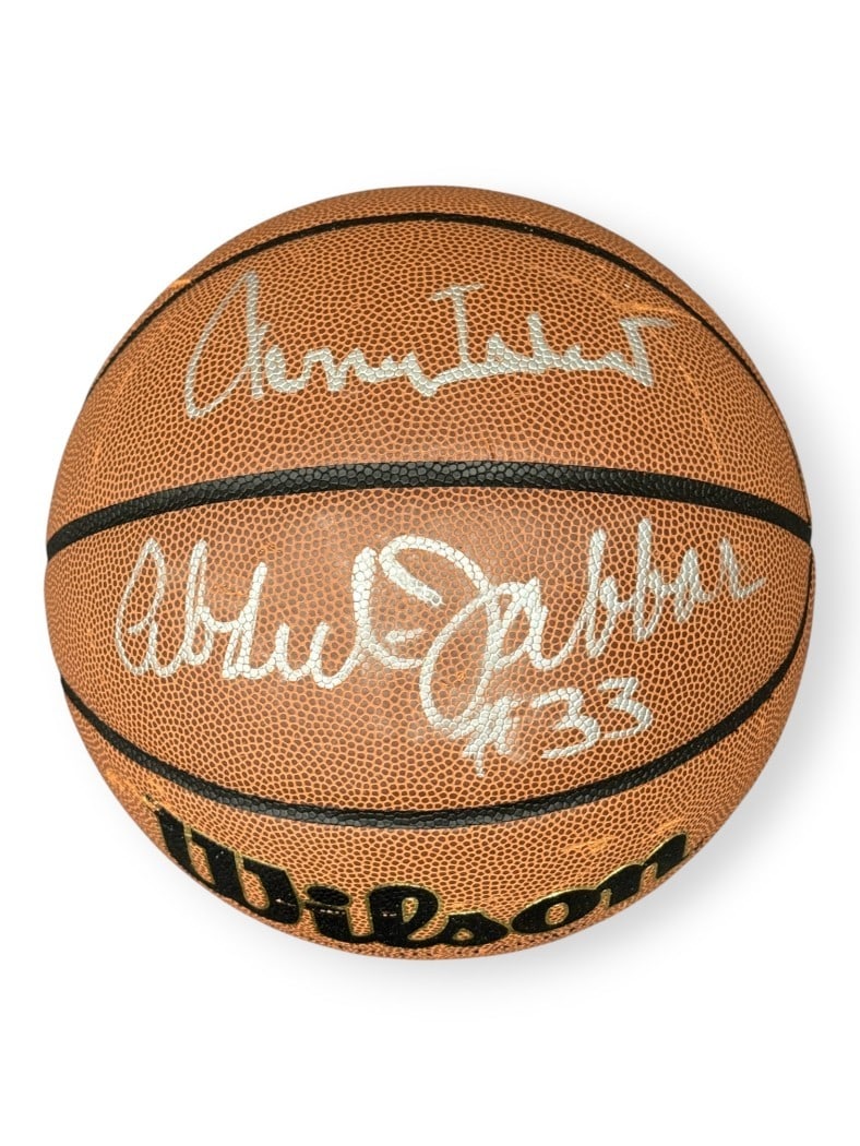 Dual Signed Lakers Basketball Kareem Abdul-Jabbar Jerry West PSA Authenticated: Dual Signed Lakers Basketball Kareem Abdul-Jabbar Jerry West PSA Authenticated This basketball has been dual signed by Kareem Abdul-Jabbar and Jerry West of the Los Angeles Lakers. The autographs have