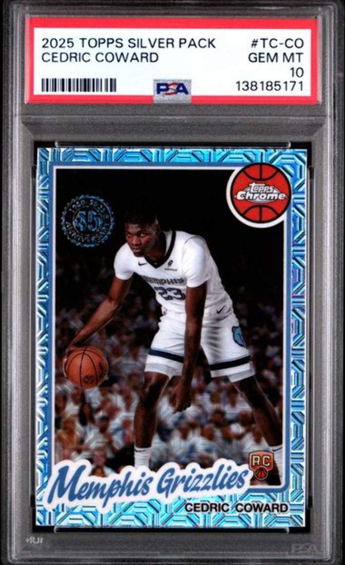 PSA 10 Cedric Coward 2025 Topps Silver Pack Rookie Card Memphis Grizzlies: PSA 10 Cedric Coward 2025 Topps Silver Pack Rookie Card Memphis Grizzlies This is an original 2025 Topps Silver Pack Cedric Coward #TCCO Rookie RC card, professionally graded and encapsulated by Profe