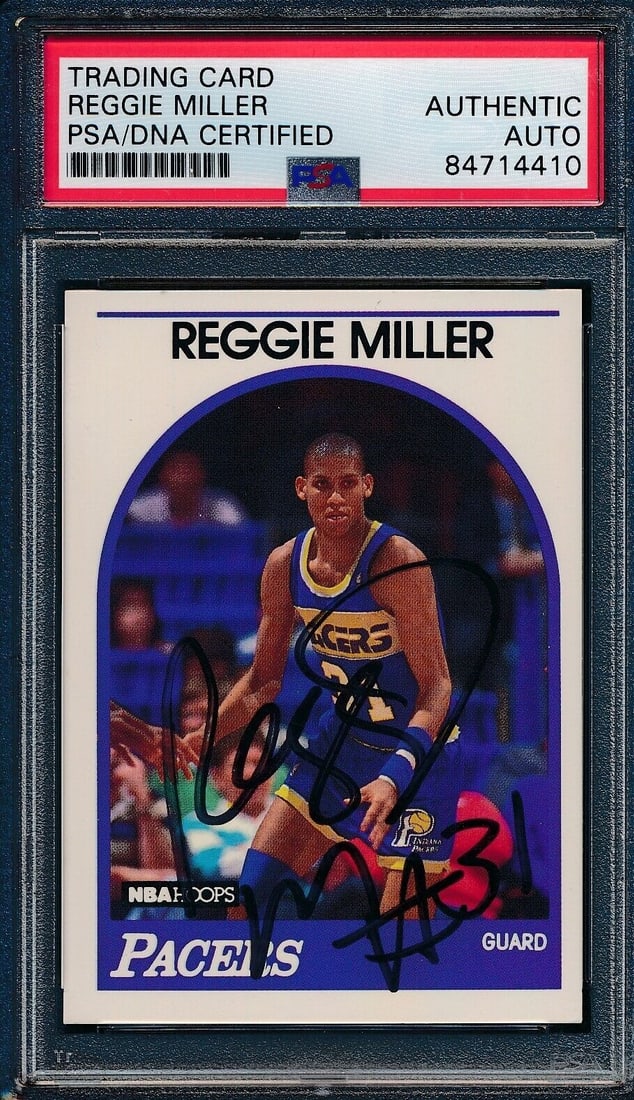 1989 HOOPS Reggie Miller Signed HOF Card PSA/DNA Authentic: 1989 HOOPS Reggie Miller Signed HOF Card PSA/DNA Authentic This offering features a 1989 HOOPS Reggie Miller Hall of Fame #29 Authentic Card, signed by the legendary Indiana Pacers player. The card ha