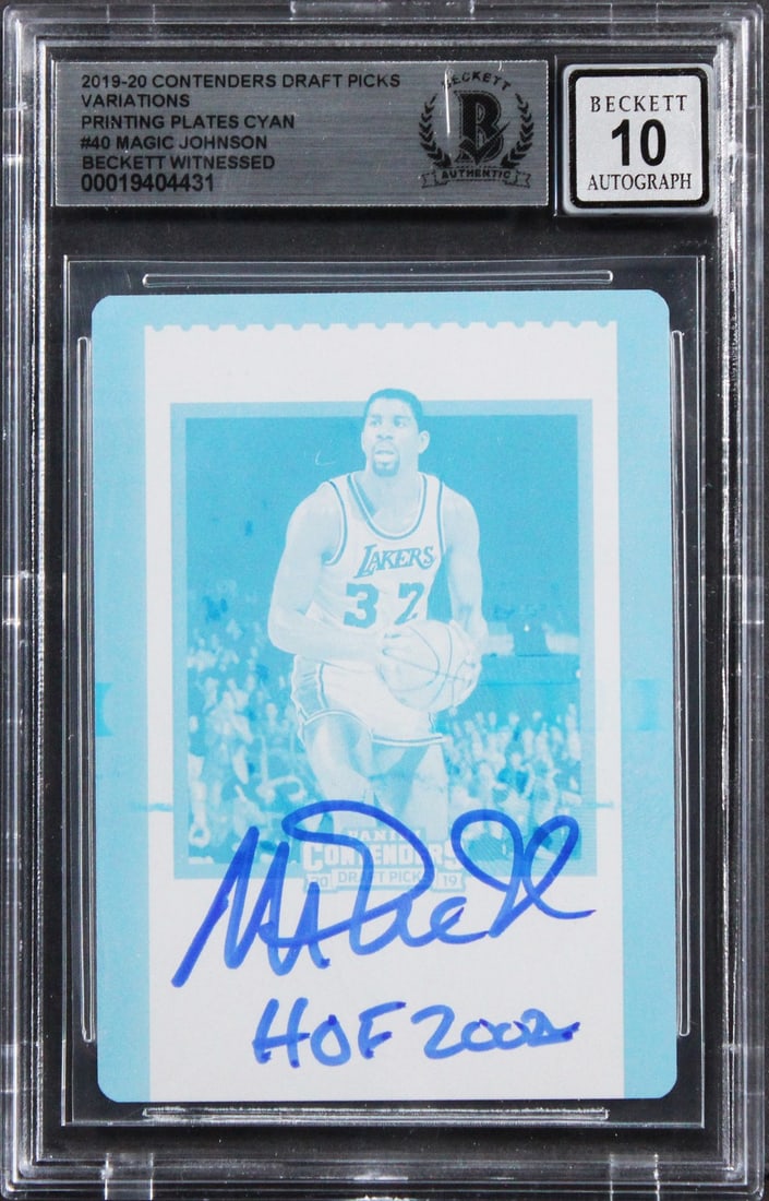 2019 Panini Contenders Cyan Plate Magic Johnson Signed Lakers 1 of 1 BAS 10: 2019 Panini Contenders Cyan Plate Magic Johnson Signed Lakers 1 of 1 BAS 10 This is a unique 2019 Panini Contenders Draft Picks Variations Printing Plates Cyan #40 1/1 card, personally signed by Magic