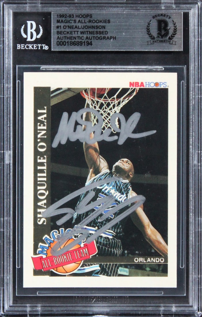 Shaquille O'Neal Magic Johnson Signed 1992 All-Rookies Card Beckett Slabbed: Shaquille O'Neal Magic Johnson Signed 1992 All-Rookies Card Beckett Slabbed This is a remarkable autographed 1992 Magic's All-Rookies #1 Card, personally signed by basketball legends Shaquille O'Neal 