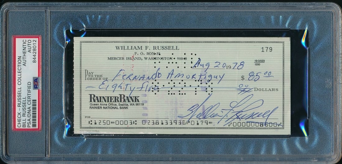 Bill Russell Autographed 1978 Bank Check Boston Celtics PSA/DNA: Bill Russell Autographed 1978 Bank Check Boston Celtics PSA/DNA This is a Bill Russell Hall of Fame autographed 1978 bank check, showcasing the legendary Boston Celtics player's signature. The check c