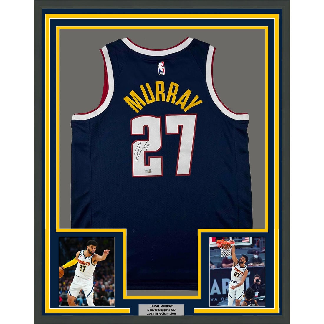 Framed Jamal Murray Autographed Blue Jersey with Fanatics COA: Framed Jamal Murray Autographed Blue Jersey with Fanatics COA Display your pride for the Denver Nuggets with this professionally framed, autographed Jamal Murray jersey. Measuring 35 inches by 39 inch