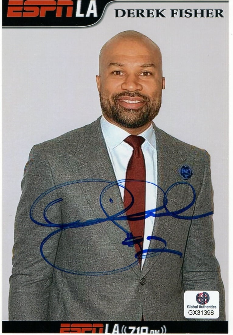 Derek Fisher Autographed 4X6 Photo Los Angeles Lakers Global Authentics: Derek Fisher Autographed 4X6 Photo Los Angeles Lakers Global Authentics This collectible features a Derek Fisher autographed 4X6 photo showcasing the former Los Angeles Lakers player in action. The ph