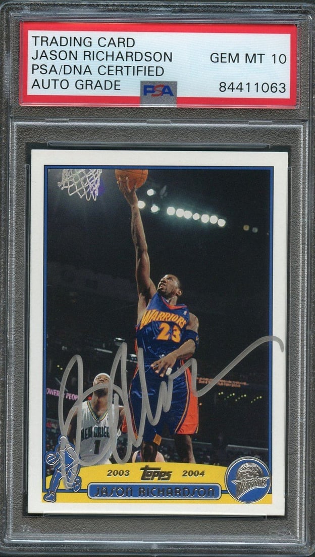 Jason Richardson 2003-04 Topps Basketball PSA/DNA Autographed Card #23: Jason Richardson 2003-04 Topps Basketball PSA/DNA Autographed Card #23 This is a 2003-04 Topps Basketball #23 trading card signed by Jason Richardson. The autograph has been authenticated and encapsul