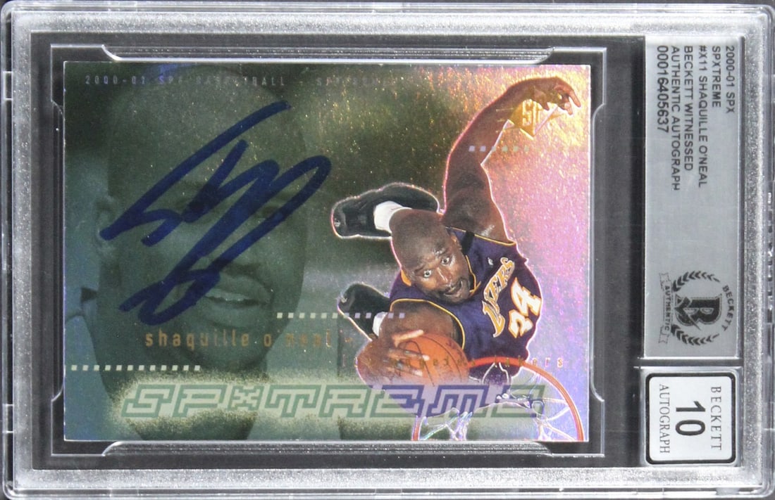 Shaquille O'Neal Autographed 2000 SPX Spxtreme X11 Lakers Card BAS Gem Mint 10: Shaquille O'Neal Autographed 2000 SPX Spxtreme X11 Lakers Card BAS Gem Mint 10 This is an original 2000 SPX Spxtreme #X11 basketball trading card, featuring Shaquille O'Neal of the Los Angeles Lakers.