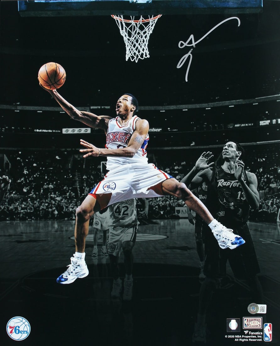 Allen Iverson Signed 16x20 Photo Philadelphia 76ers BAS Witnessed: Allen Iverson Signed 16x20 Photo Philadelphia 76ers BAS Witnessed Capture a piece of basketball history with this authentic signed vertical spotlight photo featuring Allen Iverson of the Philadelphia 