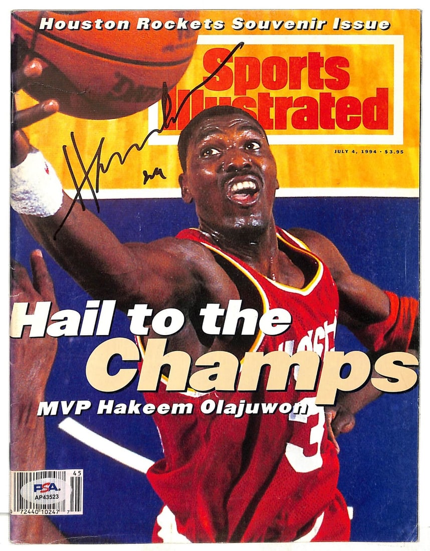 Hakeem Olajuwon Signed 1994 Sports Illustrated Magazine PSA/DNA: Hakeem Olajuwon Signed 1994 Sports Illustrated Magazine PSA/DNA This is a commemorative magazine from Sports Illustrated featuring Hakeem Olajuwon, a legendary basketball player known for his time wit