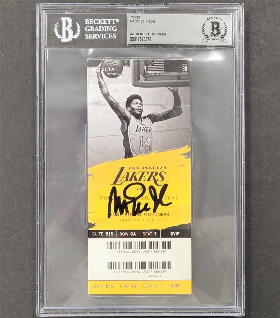 Signed Lakers Ticket Stub Magic Johnson 3 15 18 BAS Authenticated: Signed Lakers Ticket Stub Magic Johnson 3 15 18 BAS Authenticated This is an original Los Angeles Lakers ticket stub, autographed by Magic Johnson on March 15, 2018. The ticket is authenticated by Bec