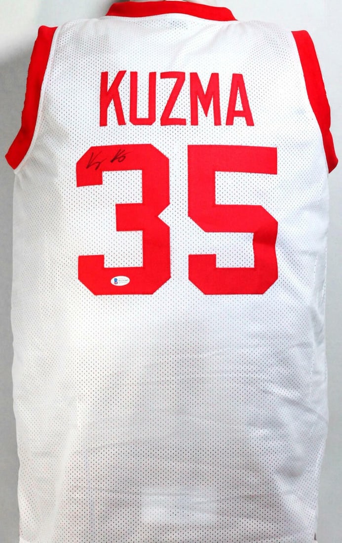 Kyle Kuzma signed Utah Utes basketball jersey Beckett witnessed: Kyle Kuzma signed Utah Utes basketball jersey Beckett witnessed This is a pre-owned white college style basketball jersey autographed by Kyle Kuzma. The jersey represents the Utah Utes and comes with 