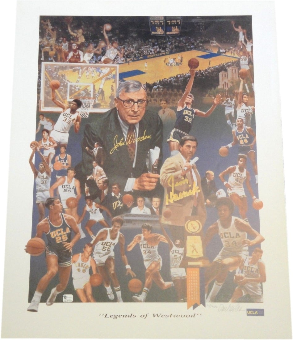 20x24 Photograph Signed by John Wooden and Jim Harrick with Global Authentication: 20x24 Photograph Signed by John Wooden and Jim Harrick with Global Authentication This is an original 20" x 24" photograph hand-signed by John Wooden and Jim Harrick. The autographs are authenticated 