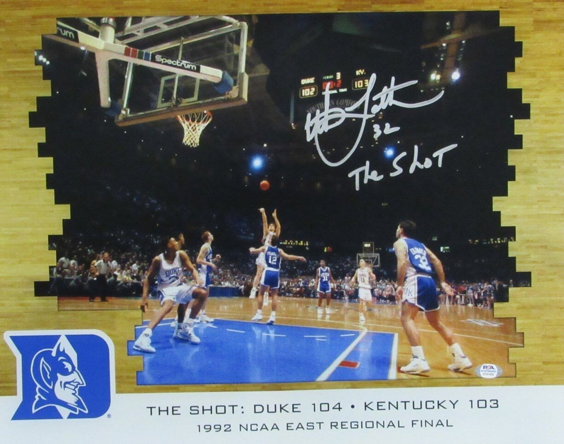 Christian Laettner Signed Inscribed Duke 16x20 Photo PSA/DNA: Christian Laettner Signed Inscribed Duke 16x20 Photo PSA/DNA This offering features a Christian Laettner signed and inscribed 16x20 photo depicting his iconic "The Shot" during his time at Duke. The p