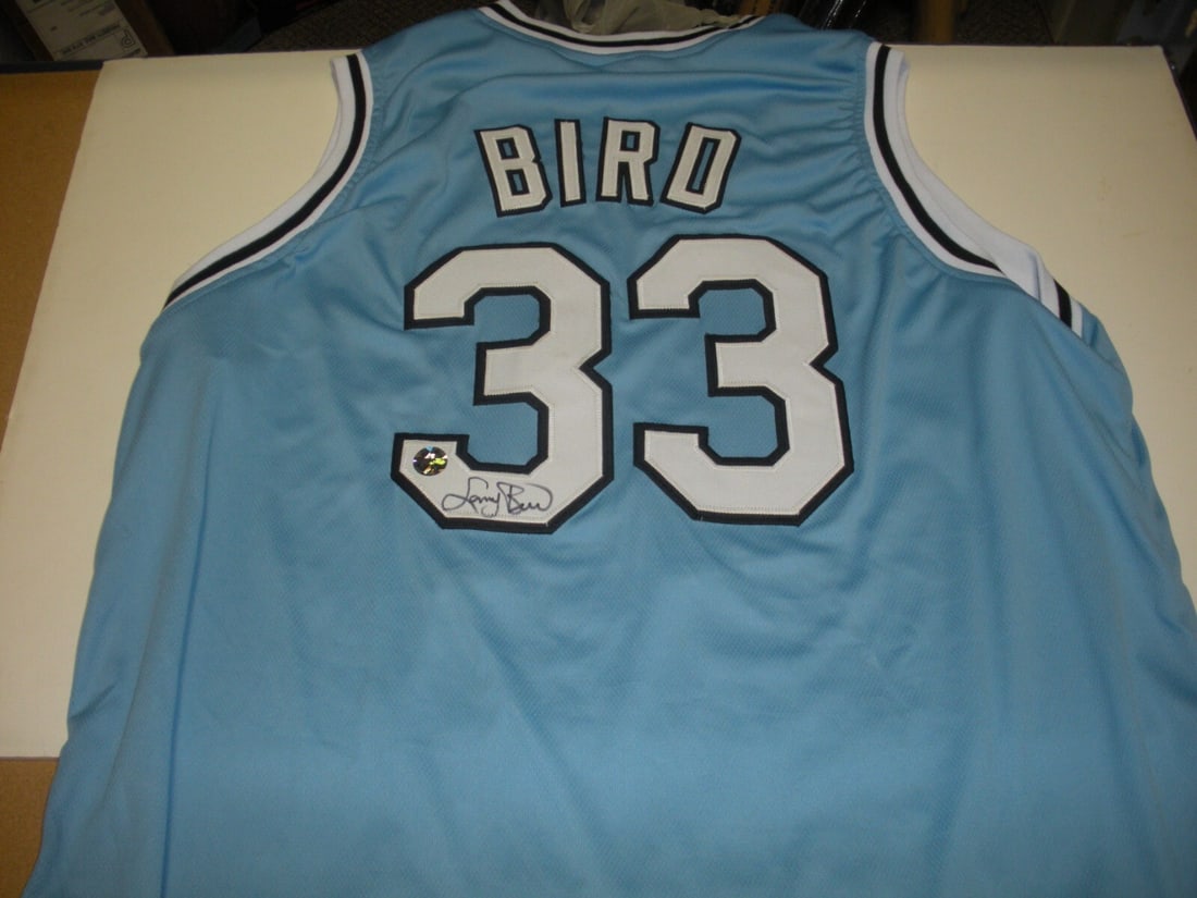 Hologram Signed Larry Bird Jersey Indiana State Boston Celtics Hall of Fame MVP: Hologram Signed Larry Bird Jersey Indiana State Boston Celtics Hall of Fame MVP This is a pre-owned Larry Bird basketball jersey featuring both Indiana State and Boston Celtics details. The jersey is 