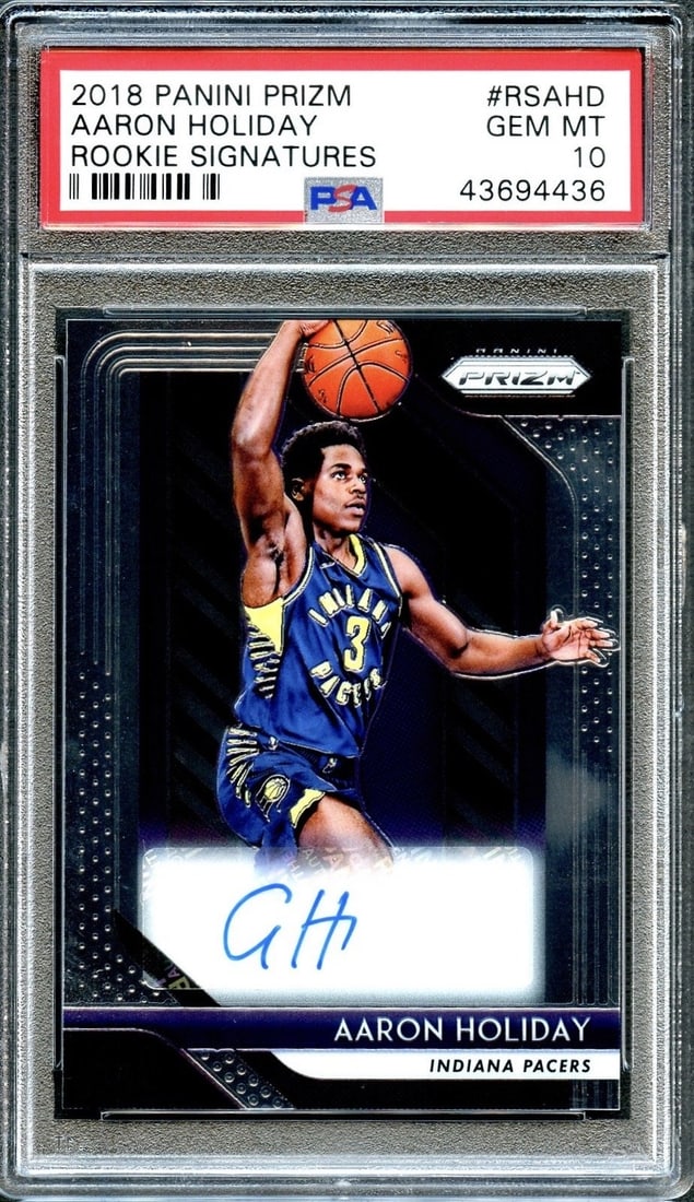 2018 Panini Prizm Aaron Holiday Rookie Auto PSA 10 Gem Mint: 2018 Panini Prizm Aaron Holiday Rookie Auto PSA 10 Gem Mint This is a 2018 Panini Prizm Aaron Holiday Rookie Signatures Auto Prizm basketball card. Graded a PSA 10 Gem Mint, this card is in pristine c