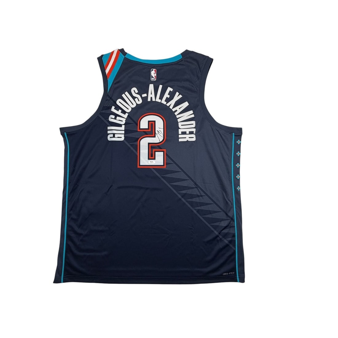 Shai Gilgeous-Alexander Signed Thunder Blue NBA Jersey PSA COA: Shai Gilgeous-Alexander Signed Thunder Blue NBA Jersey PSA COA This Oklahoma City Thunder navy blue jersey is autographed by Shai Gilgeous-Alexander. Made from a blend of nylon and polyester, this pre