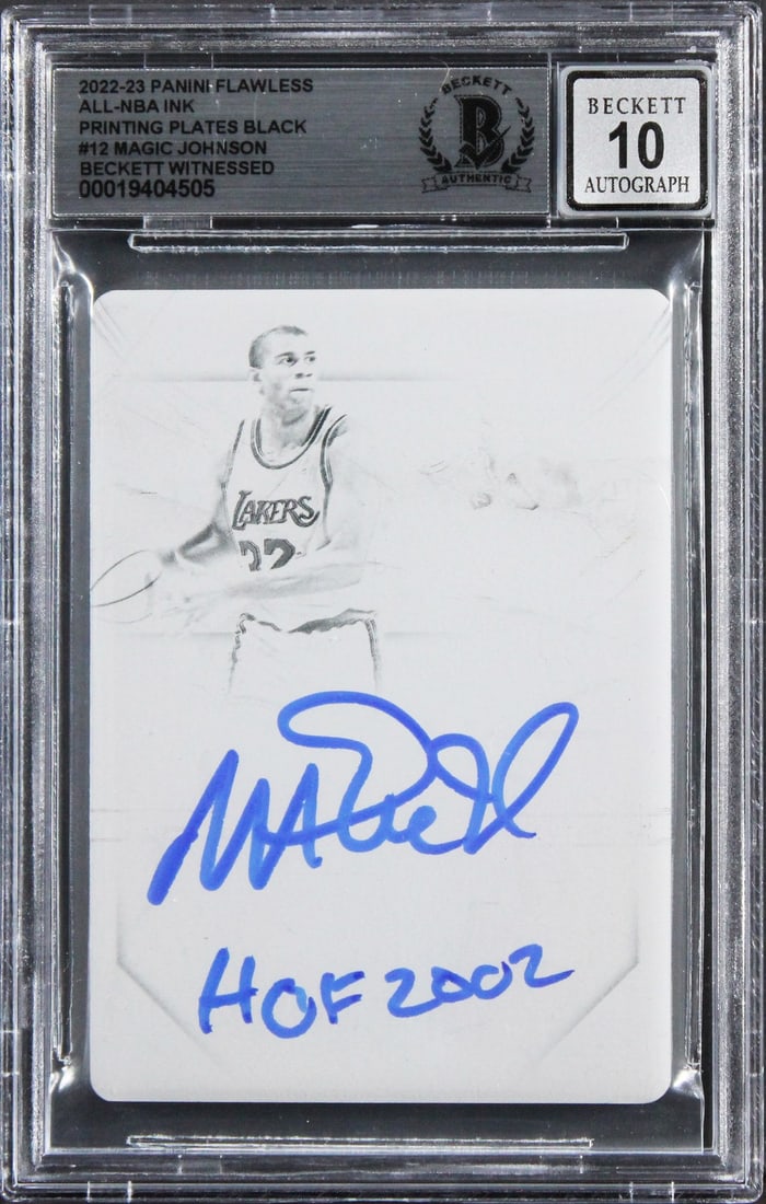 2022 Panini Flawless Black Printing Plate #12 Magic Johnson Signed Card BAS 10: 2022 Panini Flawless Black Printing Plate #12 Magic Johnson Signed Card BAS 10 This is an original 2022 Panini Flawless All-NBA Ink Printing Plates Black #12 1/1 trading card, featuring Magic Johnson 