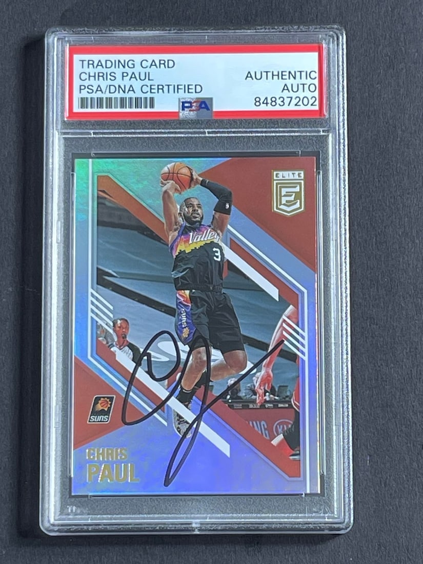 PSA DNA slabbed Chris Paul autographed 2020 21 Donruss Elite #57 Suns card: PSA DNA slabbed Chris Paul autographed 2020 21 Donruss Elite #57 Suns card This is a 2020-21 Panini Donruss Elite #57 trading card featuring Chris Paul of the Phoenix Suns, personally signed by Chris 