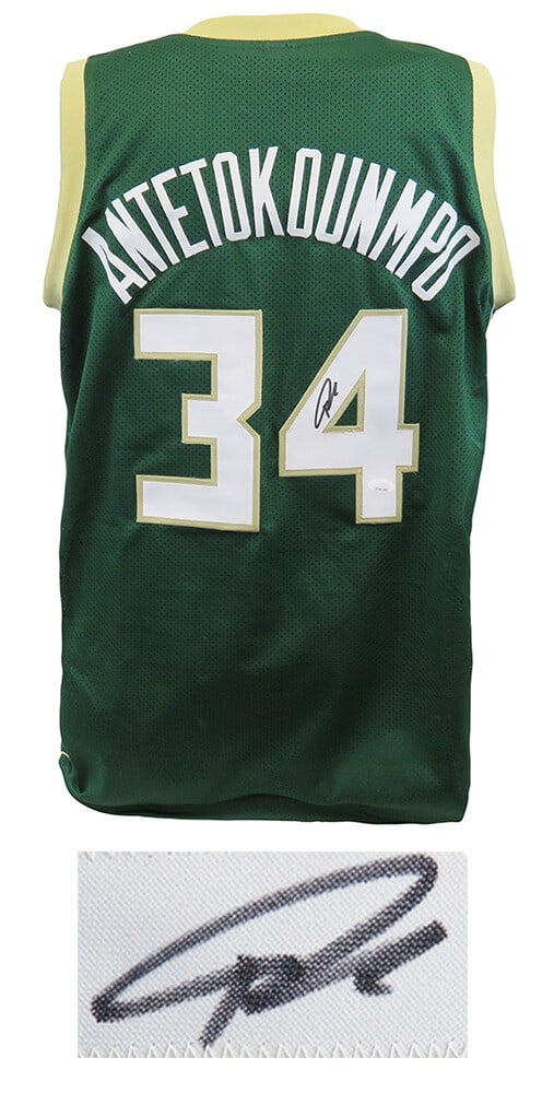 Giannis Antetokounmpo Signed Green Custom Jersey with JSA COA: Giannis Antetokounmpo Signed Green Custom Jersey with JSA COA Celebrate the legacy of Giannis Antetokounmpo with this signed green custom basketball jersey from the Milwaukee Bucks. This original jers