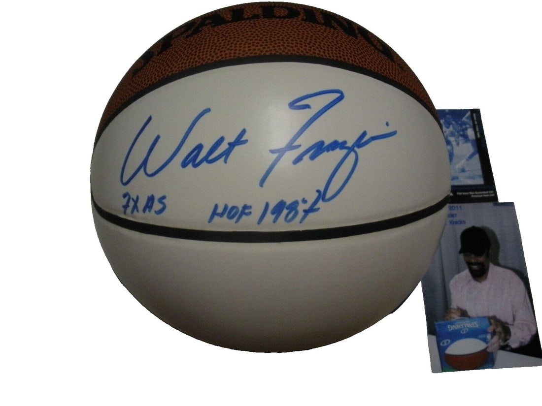 Signed Basketball by Walt Frazier with COA New York Knicks Hall of Fame 1987: Signed Basketball by Walt Frazier with COA New York Knicks Hall of Fame 1987 This is a basketball signed by Walt Frazier, a Hall of Fame inductee in 1987 and a 7-time NBA All-Star, from the New York K