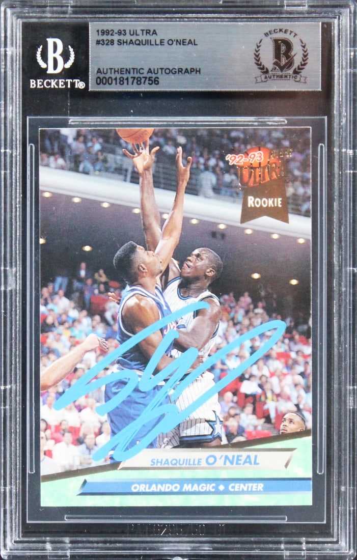 Shaquille O'Neal Signed 1992 Ultra Rookie Card Beckett Authenticated: Shaquille O'Neal Signed 1992 Ultra Rookie Card Beckett Authenticated This 1992 Ultra #328 Rookie Card features the legendary Shaquille O'Neal, personally signed by the basketball icon himself. As a me