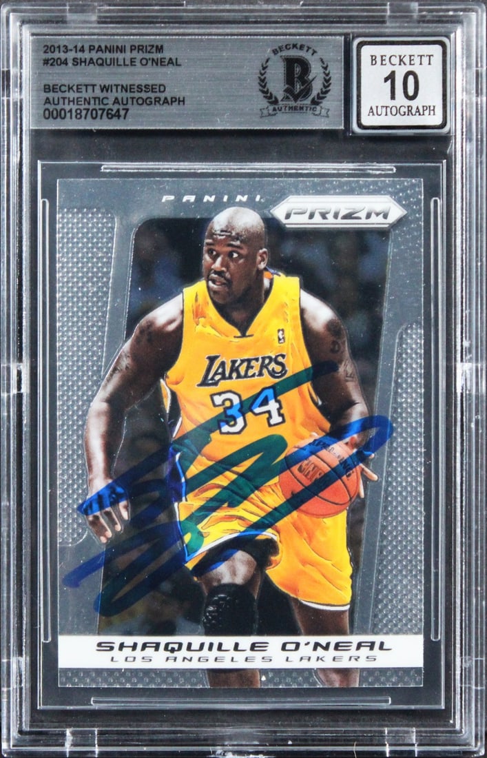 Shaquille O'Neal Autographed 2013 Prizm #204 Lakers Card Beckett 10 Auto Grade: Shaquille O'Neal Autographed 2013 Prizm #204 Lakers Card Beckett 10 Auto Grade This is an original 2013 Panini Prizm #204 basketball card featuring Shaquille O'Neal of the Los Angeles Lakers. The card