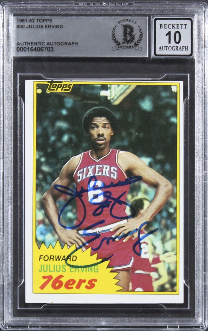 Julius Dr J Erving Signed 1981 Topps #30 Card Gem Mint 10 Beckett: Julius Dr J Erving Signed 1981 Topps #30 Card Gem Mint 10 Beckett This is a remarkable 1981 Topps #30 card featuring the legendary Julius "Dr. J." Erving, personally signed by the basketball icon hims