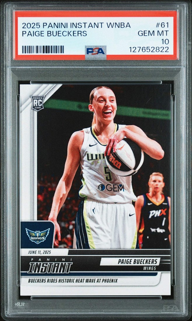 2025 Panini Instant WNBA Paige Bueckers Rookie Card PSA 10: 2025 Panini Instant WNBA Paige Bueckers Rookie Card PSA 10 This is a graded 2025 Panini Instant WNBA Paige Bueckers #61 Rookie RC Card, rated PSA 10 Mint. The card showcases the exceptional talent of 