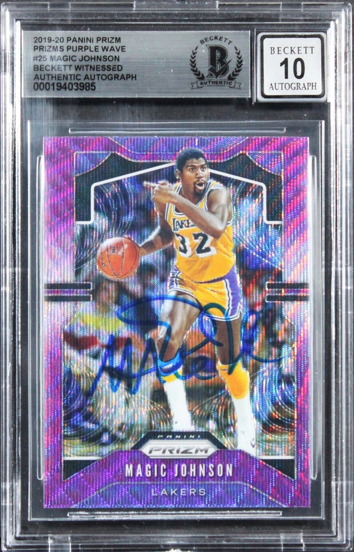 Magic Johnson Autographed 2019 Prizm Purple Wave Card #325 Beckett Slabbed Gem Mint 10 (1 of 2)