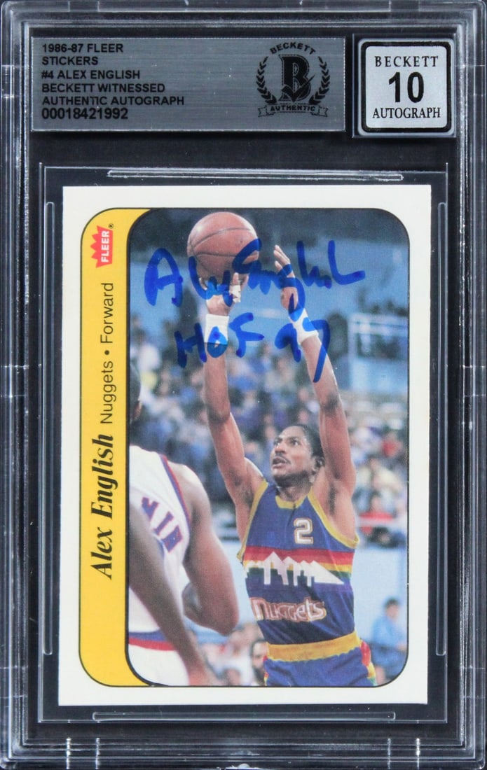 Alex English Signed 1986 Fleer Stickers HOF 97 BAS Gem Mint 10: Alex English Signed 1986 Fleer Stickers HOF 97 BAS Gem Mint 10 This is a remarkable Alex English autographed card from the 1986 Fleer Stickers series, featuring card #4 and the inscription "HOF 97". G