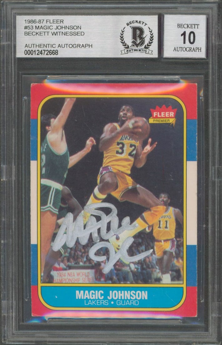 Magic Johnson Signed 1986 Fleer #53 Card Gem Mint 10 Beckett Authenticated: Magic Johnson Signed 1986 Fleer #53 Card Gem Mint 10 Beckett Authenticated This 1986 Fleer #53 card features a stunning autograph from basketball legend Magic Johnson. Graded Gem Mint 10, this card ha