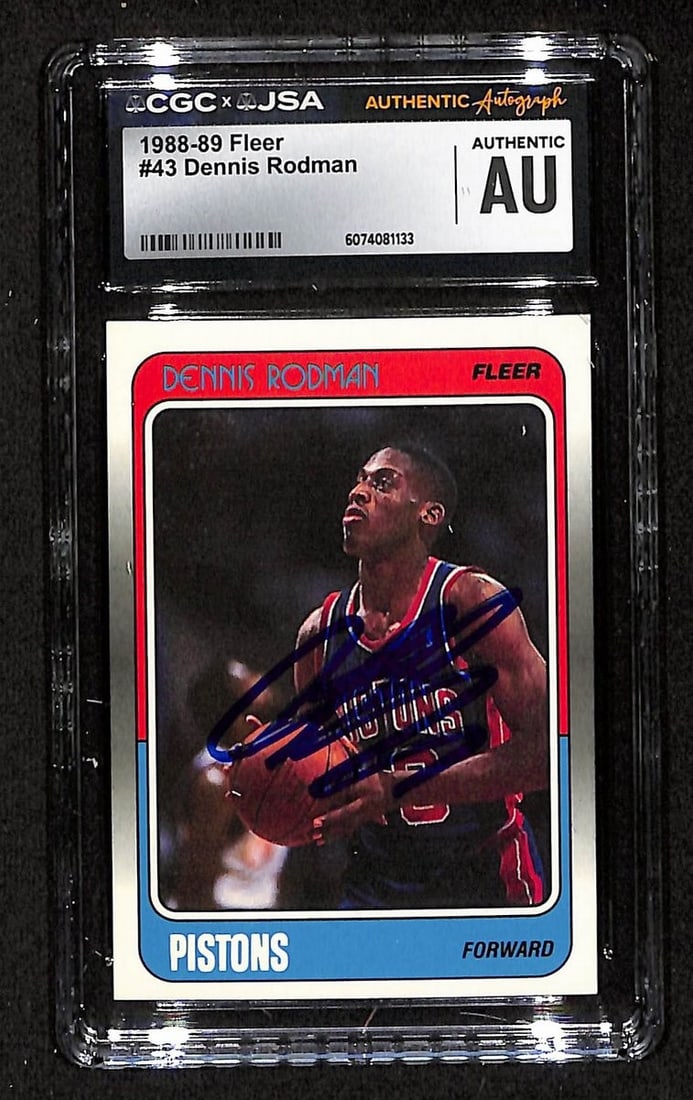 Dennis Rodman HOF Signed 1988-89 FLEER Rookie Card #43 CGC JSA GEM MINT 10: Dennis Rodman HOF Signed 1988-89 FLEER Rookie Card #43 CGC JSA GEM MINT 10 Offered is an original Dennis Rodman Hall of Fame signed 1988-89 FLEER rookie card #43 featuring the Detroit Pistons. This co
