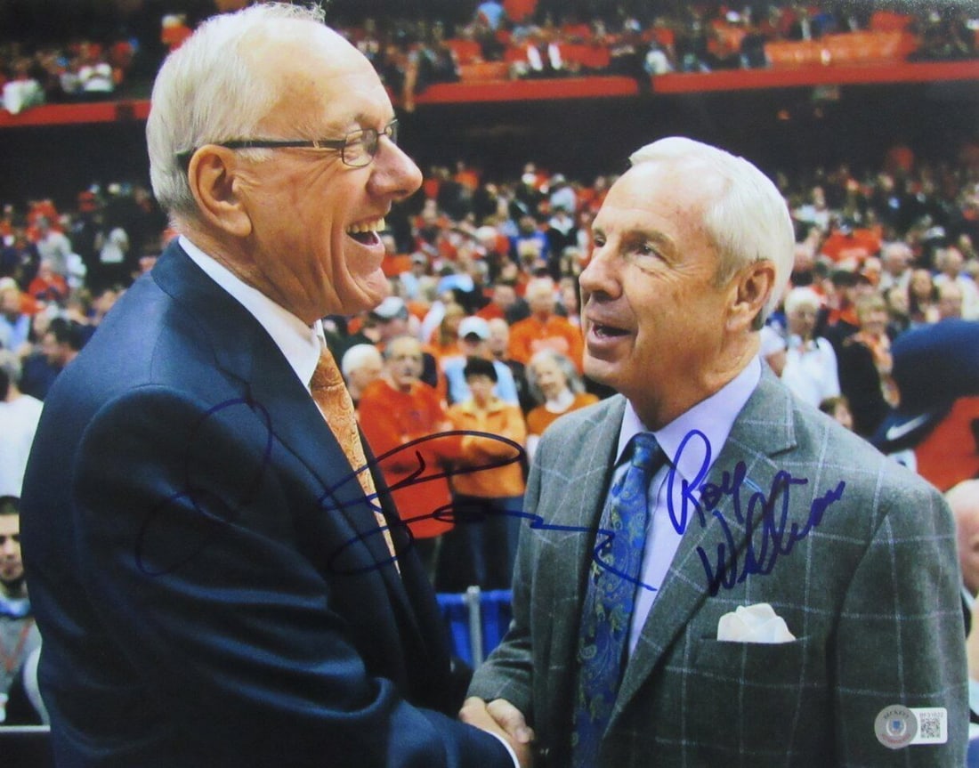 Jim Boeheim Roy Williams Dual-Autographed 11x14 Photo BAS Beckett: Jim Boeheim Roy Williams Dual-Autographed 11x14 Photo BAS Beckett This item features a Jim Boeheim and Roy Williams dual-autographed 11x14 photo celebrating their legacies with the University of Syrac