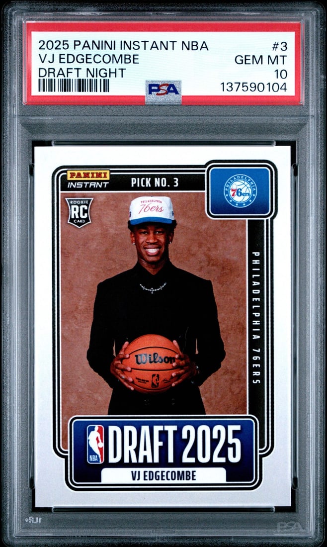 PSA 10 VJ Edgecombe Rookie 2025 Panini Instant Basketball Card #3: PSA 10 VJ Edgecombe Rookie 2025 Panini Instant Basketball Card #3 This is an original 2025 Panini Instant VJ Edgecombe #3 Rookie RC basketball card, professionally graded as PSA 10 Mint by the Profess
