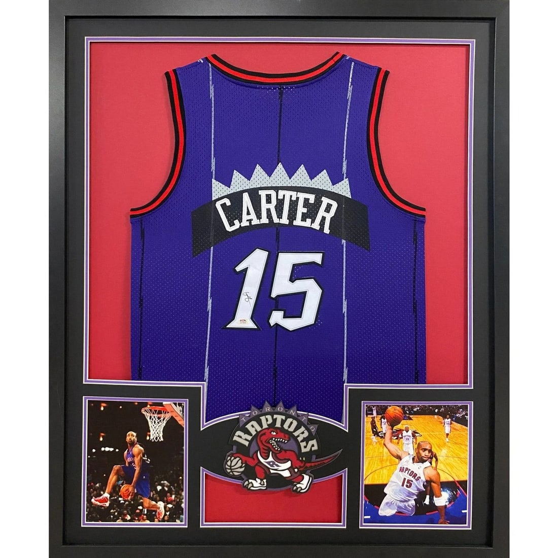 Framed Vince Carter Autographed Raptors Jersey PSA DNA: Framed Vince Carter Autographed Raptors Jersey PSA DNA This framed Toronto Raptors jersey is autographed by Vince Carter and authenticated by PSA/DNA. The display features UV-protected acrylic and sho