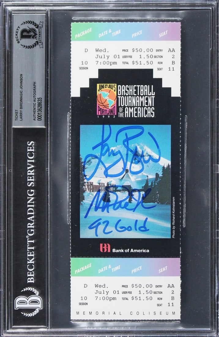 Signed 1992 Tournament of the Americas Ticket Stub by Magic Johnson and Larry Bird Beckett: Signed 1992 Tournament of the Americas Ticket Stub by Magic Johnson and Larry Bird Beckett This original 1992 Basketball Tournament of the Americas ticket stub has been personally signed by Magic John
